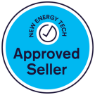 Limitless Solar Solutions is a New Energy Tech approved seller, represented by a blue circular badge with a tick symbol and the text 'NEW ENERGY TECH Approved Seller', signifying our accredited solar services in Brisbane and the Sunshine Coast.