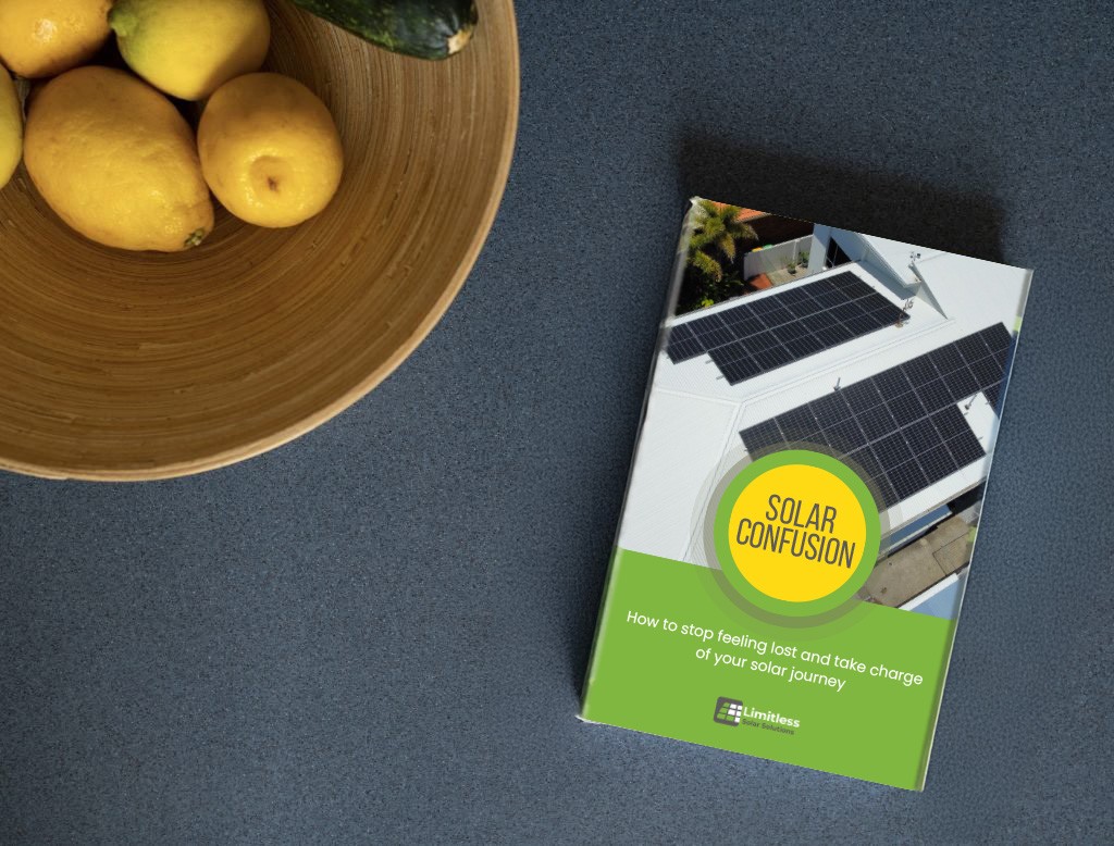 Solar Confusion guide by Limitless Solar Solutions featuring a printed booklet and comprehensive solar panel installation information for homeowners across Brisbane and the Sunshine Coast.