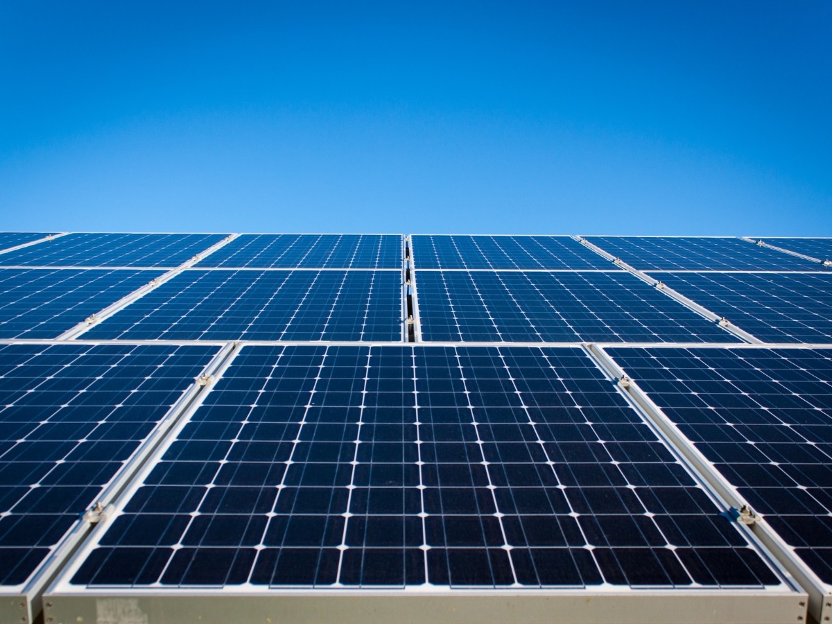 Rows of solar panels under a clear blue sky in Brisbane, capturing sunlight for renewable energy production across the Sunshine Coast.
