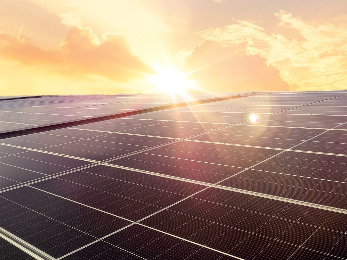 Rows of solar panels reflect sunlight under a bright, partly cloudy sky at sunrise or sunset, symbolising renewable energy and sustainability on the Sunshine Coast.