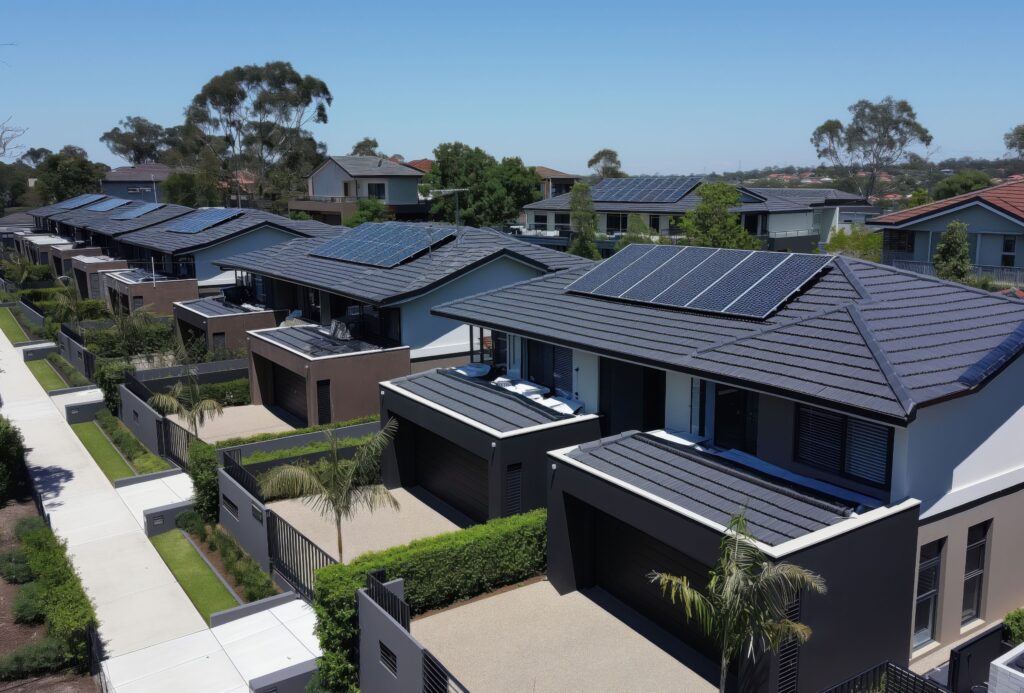 Modern suburban homes equipped with rooftop solar panels, demonstrating clean energy adoption in residential communities.