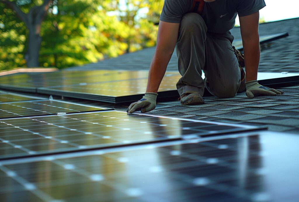 Sunshine Coast Solar Scams: 5 Red Flags to Watch Out For 1 Worker aligning solar panels on a shingle roof during installation, ensuring proper positioning and secure attachment.