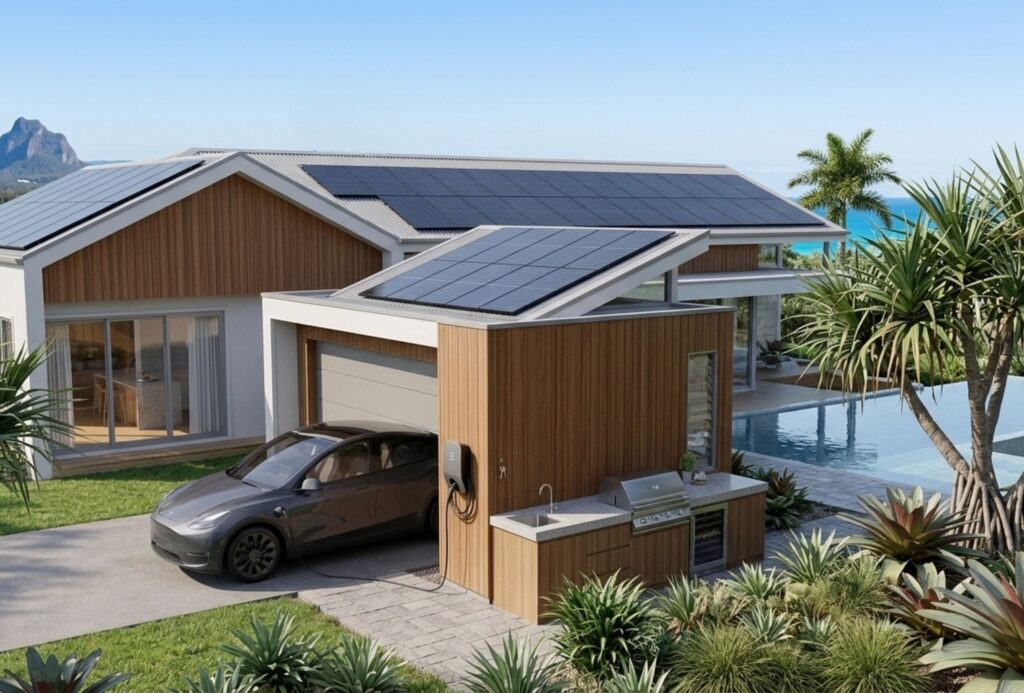 Solar panels installed on a house rooftop in Sunshine Coast