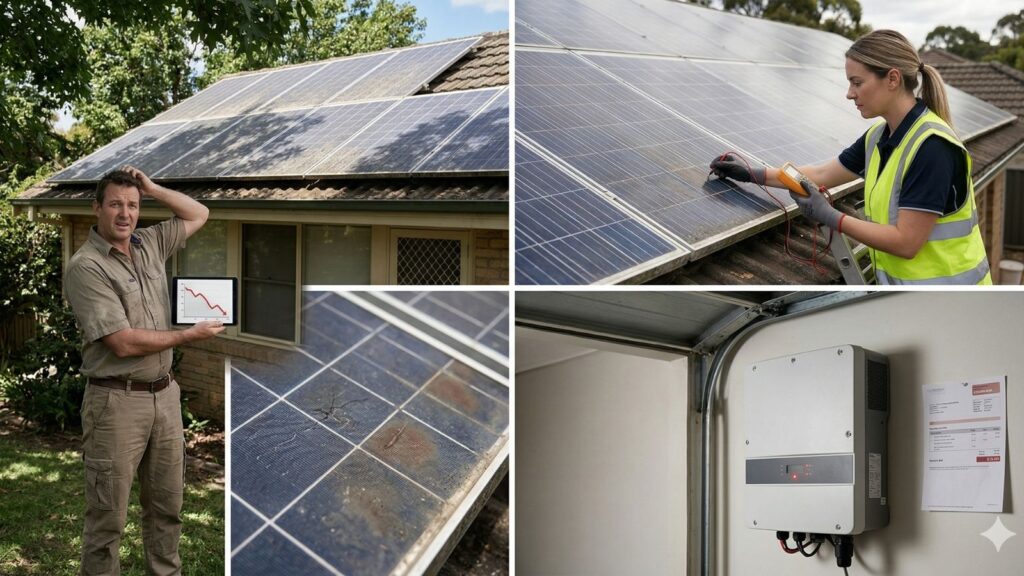Solar panels being inspected for a health check in Kawana