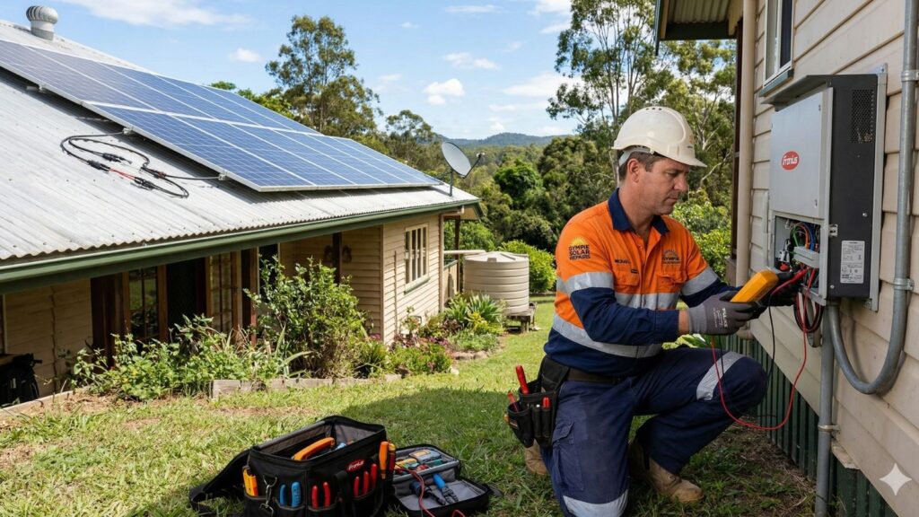 Solar panel technician performing repairs in Gympie