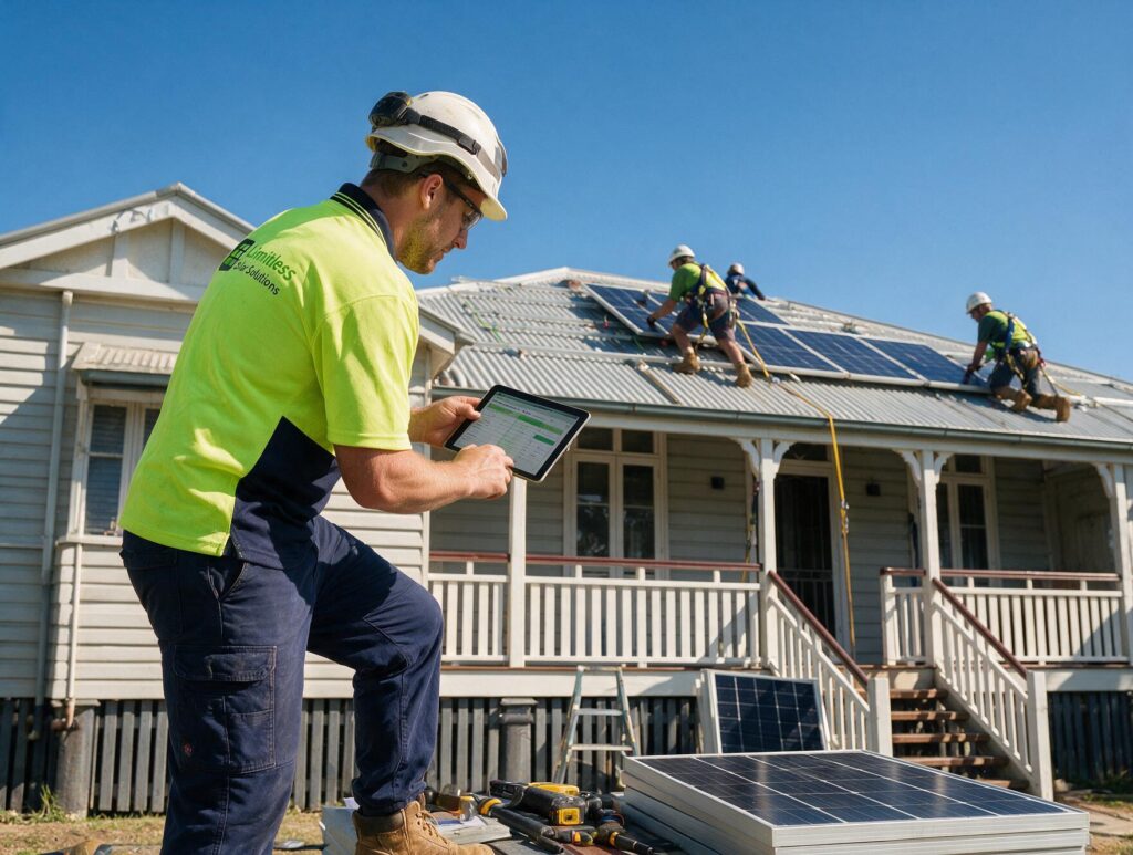 Solar installers fitting panels to a Queensland home roof