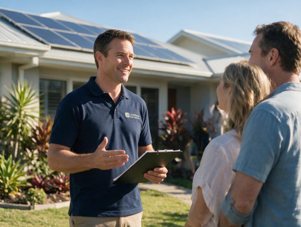 Solar installer discussing a rooftop solar system with Queensland homeowners